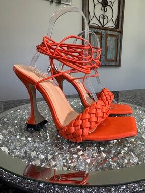 Braided Wrap-Strap High Heel Sandals in Orange 8